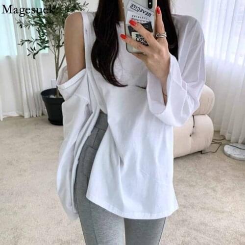 Korean O Neck Long Sleeve T-shirts Autumn Sexy Off-shoulder Loose Tshirt for Women Big Split Button Up Tees Shirt Blusas 16432