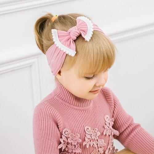 15 pcs/lot, Pompom Trim Nylon Bow Headbands, Knot Bow Nylon Head wraps, Baby Shower Gift Photo Props