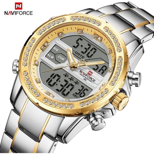 2021NAVIFORCE New Fashion Gold&Sliver Watch Men Top Brand Luxury Stainless Steel Sport Male Clock Digital Quartz Military Man Wr