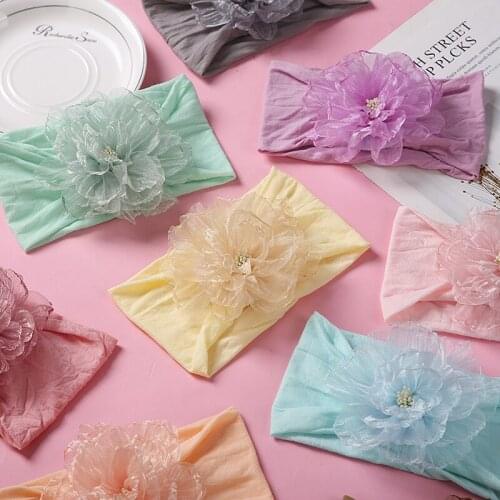 New Girls Flowers Nylon Headbands Fashion Newborn Baby Floral Wide Hairbands Kids Turban Headwraps