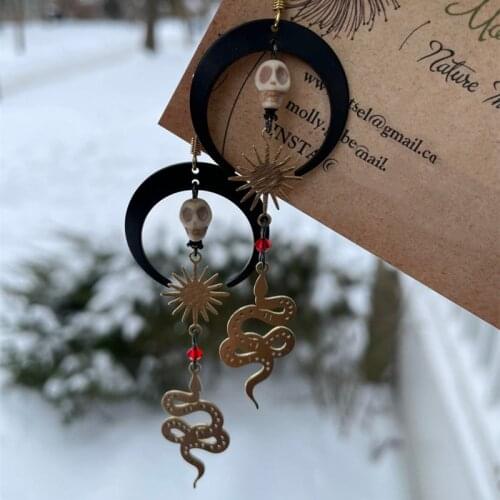 Snake Earrings, Snake, Crescent, Sun, Howlite Skull, Gothic, Witch, Pagan, Alternative, Steampunk Jewelry