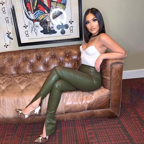 Streetwear Faux PU Leather Skinny Pencil Pants Joggers Women Fashion 2020 High Waist Side Split High Waisted Trousers Y2k Capri