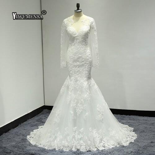 YIWUMENSA Elegant Lace Appliques Mermaid Wedding Dress 2021 Long Sleeves Illusion Tulle Back Sexy Bridal Gown Robe De Mariee