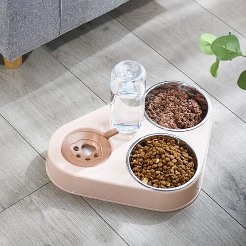 Neck Protection Raised Cat Dishes Dry and Wet Separation Pet Cat Dog Food Water Elevated Bowls Set with Automatic Water Bottle