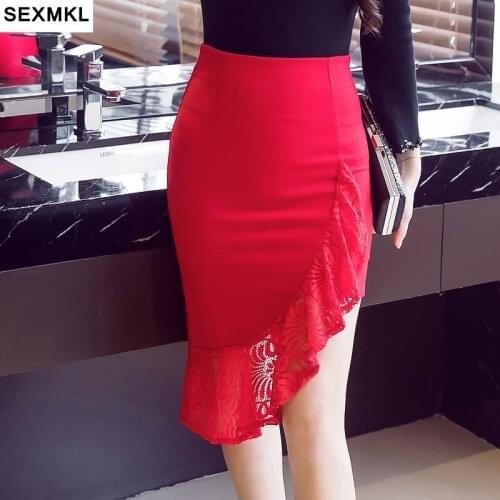 SEXMKL Women Lace Patchwork Skirts 2020 Summer Sexy High Waist Skirt Formal Office Lady Work Wear Pencil Red Skirt Plus Size