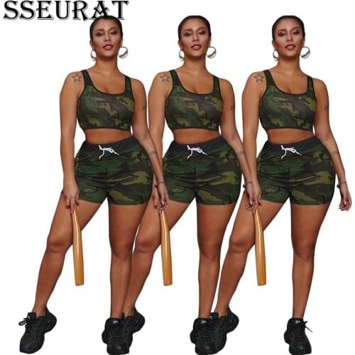 SSEURAT Women Set Camouflage Crop Tops Drawstring Waist Shorts Two 2 Piece Sets Tracksuit Summer Outfit 2021