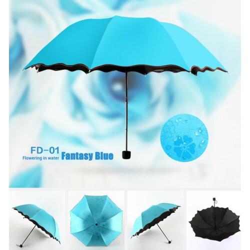 Ladies Portable Umbrellas Windproof 3-Folding Blossoms in Water Changes Color Anti-UV Sun/Rain Umbrella xobw