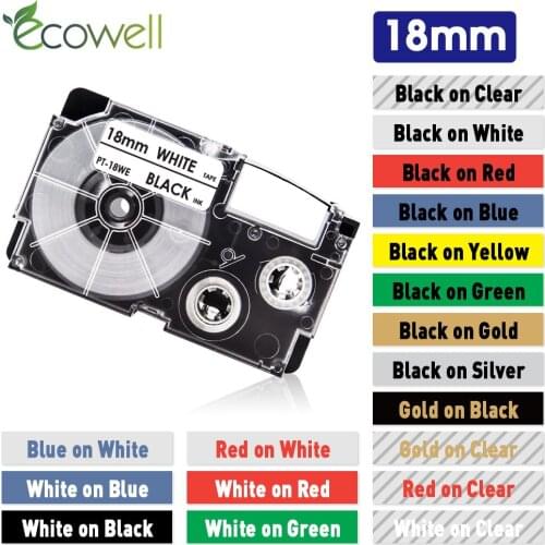 Ecowell 1Pcs XR-18WE XR-18X 18mm tape For Casio XR-18YW XR-18GN XR-18RD XR-18BU label tape for Casio KL-120 KL-750 Label Maker