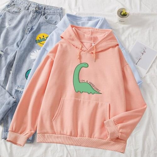Harajuku Cartoon Dinosaur Print Hoodies Kawaii Hooded Oversized Sweatshirt Women Korean Autumn Casual Hoody Pullover Female Tops