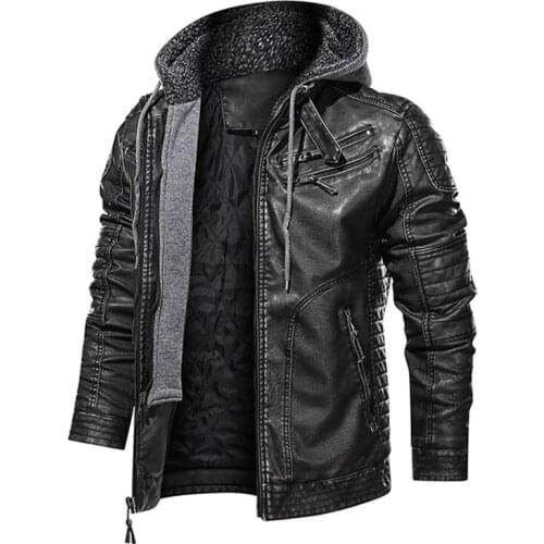 New Retro Mens Leather Jacket Autumn Winter Motorcycle Jacket Men Casual PU Outerwear Hat Detachable Mens hooded coat