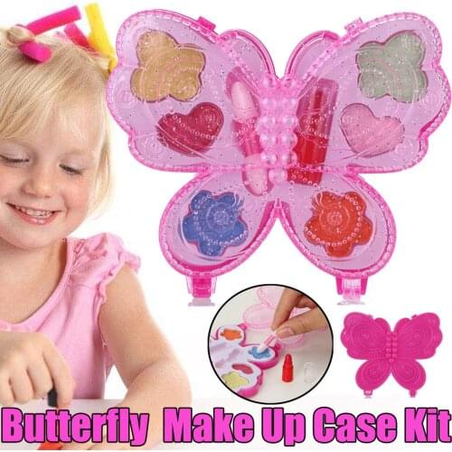Pretend Play Butterfly Mini Cosmetic Box KidsToy Play House Toy Princess Girls Washable Makeup Toy Deluxe Makeup Case Set 4