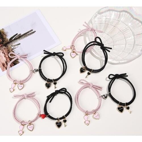 Cartoon Magnetic Couple Bracelets with Cat Love Heart Pendant Cute Mutually Attractive Friendship Rope Gifts for Friend AUG889
