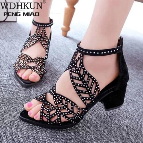 2020 New Style Women Summer Hollow Out Faux Leather Rhinestones Thick Heel Zipper Sandals Shoes Eur 35-40