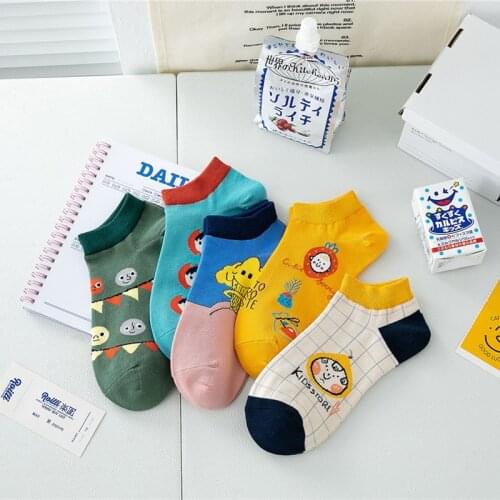 OMEA Cartoon Socks Women Yellow Lattice Low Tube Cotton Harajuku Blue Cute Ankle Socks Wholesale Japanese Fashion Girls 5 Pairs
