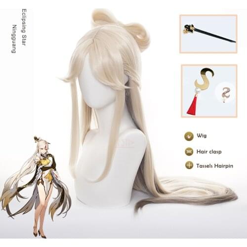Game Genshin Impact Cosplay Ningguang Wig Long Wig Hair Clasp Tassels Hairpin Props Free Wig Cap Halloween Role Play for Girls