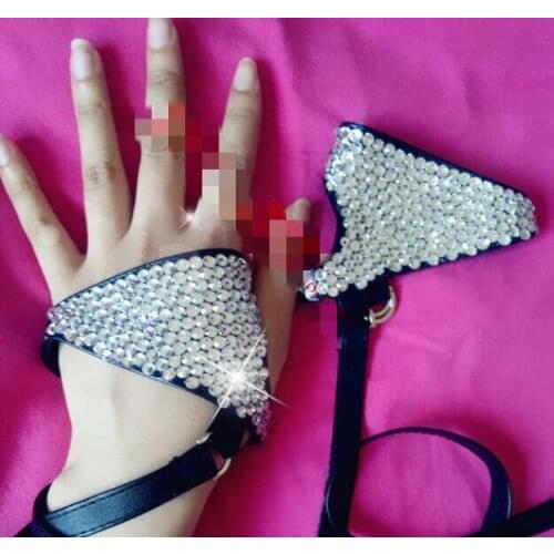 Womens fashion Hip-hop ds acrylic Rhinestone PU leather gloves ladys bandage night club performace punk gloves R450