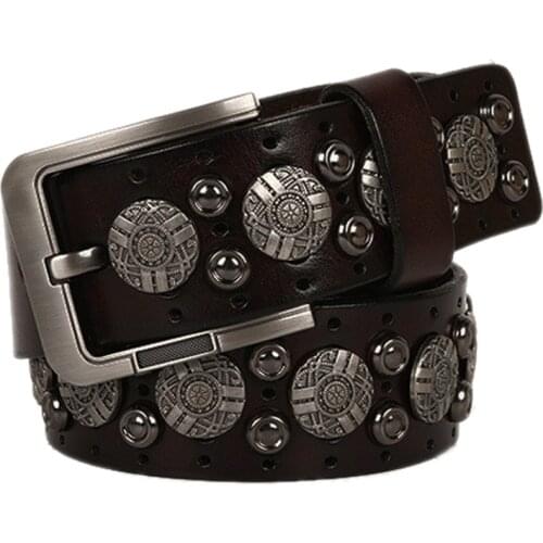 Metal Rivet Cowboy Belt Genuine Leather Cowskin Men Belt Punk Rivet Jeans Belts For Men Ceinture Homme Cinturones Hombre