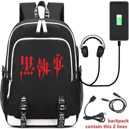 Anime Black Butler Ciel Phantomhive Cosplay Backpack USB Rechargeable School Backpac Travel Camping Mountaineering Ruckpack