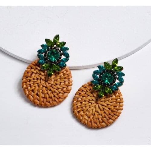 Handmade Deep Green Blue Rhinestone Braid Pendant Exaggerated Drop Earrings for Women Girls Fashion Party Jewelry Gift