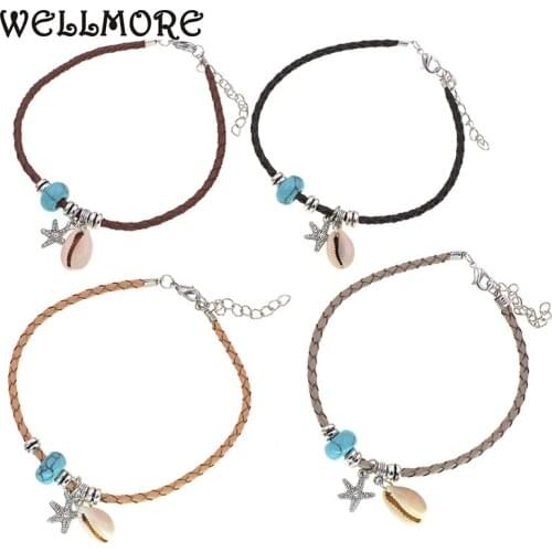 WELLMORE BOHO Leather Anklets for Women Girls Foot Jewelry Holiday Beach Bracelet Anklet strap natural shell stone anklets
