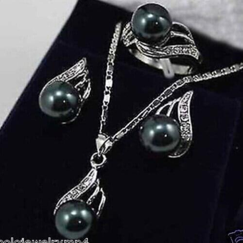 Jewelry Black Pearl Bow Pendant Necklace Earring Set AAA style 100% Natural