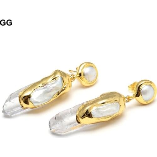 GuaiGuai Jewelry Natural Cultured White Keshi Pearl Clear Quartzs Gold Plated Rough Pearl Stud Dangle Earrings Vintage Style