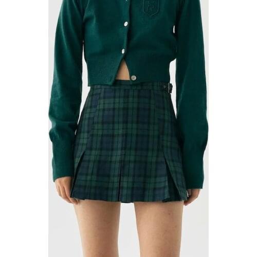 TVVOVVIN Women England Style Plaid Mini Skirt With Buckle Detail Pleated Mini Skirt Mini Skort In Green Plaid Korean 6P13