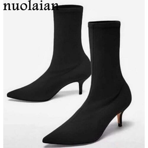6CM High Heels Boots Woman Stretch Fabric Ankle Boots Women Winter Boot High Heel Shoes Ladies Pump Bottine Slip On Shoe