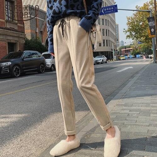 Women Pants Autumn and Winter 2021 New Loose Korean Thick Warm Casual Woolen Pants Elastic Waist Female Long Trousers 7281 50