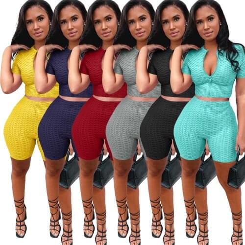 Womens Casual 2 Pieces Yoga Suits Short Sleeve Zipper Front Tops Tight Mini Workout Shorts Biker Jogger Gym Athletic Tracksuits