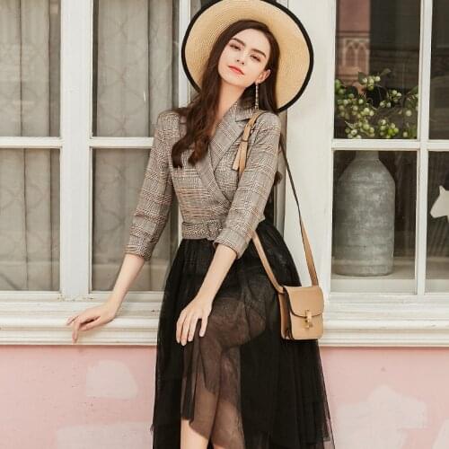 British fashion spring 2020 new irregular network veil of splicing plaid dress female temperament