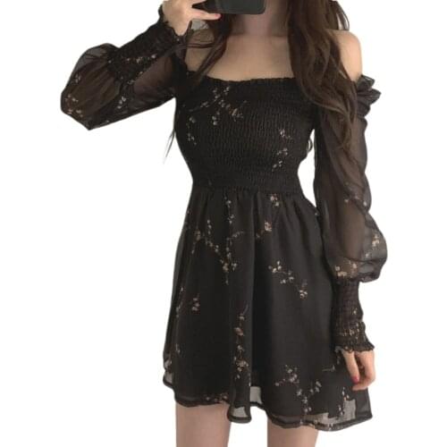 2021 Autumn Women Sexy Black Dress Vintage Flower Long Puff Sleeve Chiffon Dresses Korean Casual Mini Vestidos Mujer Clothes