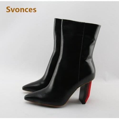 Winter Fashion Street Style Lady Boots Solid Black Leather High Heels Shoes 2018 Strange Red Heel Pointed Toe Brand Shoes Women