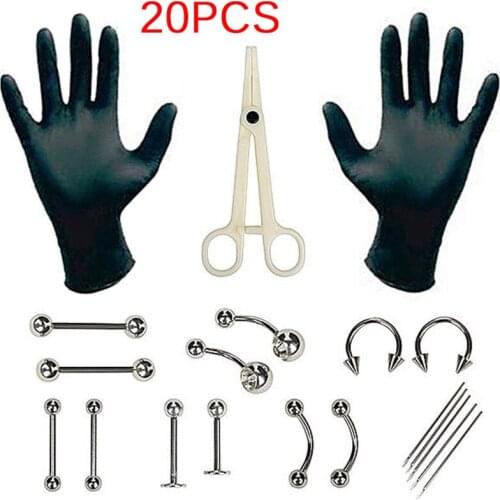 20pcs/set Body Piercing Tools Professional Piercing Tool Kit Sterile Belly Body Ring Needle Sets Cartilage Tools Body Jewelry