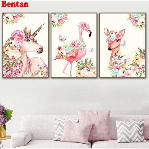 3 Pieces 5D Diy diamond painting rhinestone cross stitch Unicorn Flamingo With Flower diamond embroidery mosaic decor Nordic Art