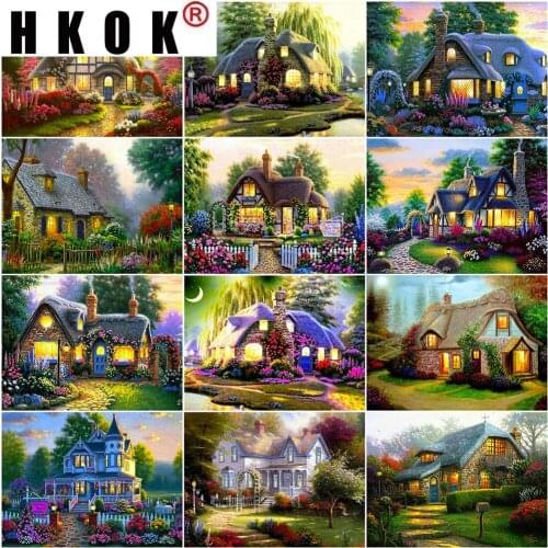HKOK Diamond Painting House Cross Stitch Kit 5D DIY Diamond Embroidery Garden Landscape Rhinestone Art Home Decor Gift