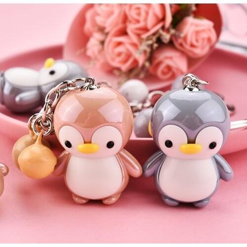 Cute Bell Colorful Beads Keyring Accessories for Women Men Bag Car Key Chains Creative Acrylic Cute Penguin Doll Keychain 2021