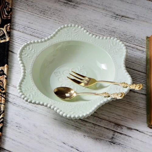 European Court Retro Western Relief Craft Light Blue Glaze Ceramic Plate Set Food Plate European Tea Cake