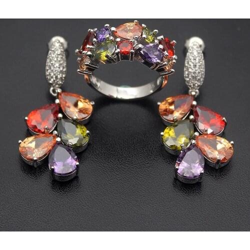 Hermosa Jewelry Sets Silver Color Earrings & Ring Size 8# Shiny Colorful Style Party Queen Gift Jewellry-Set