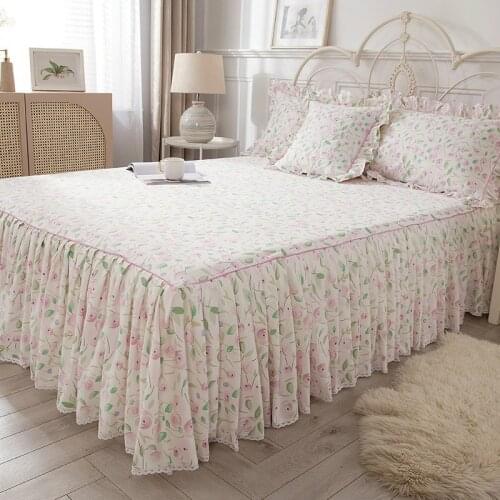 Cilected 100% Cotton Korean Fashion Small Floral Bed Skirt Home Bedding Decoration Cute Princess Wind Bedspread Sheet Cover