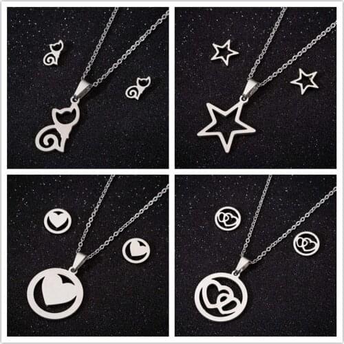 Oly2u Chic Sitting Cat Kitten Stainless Steel Jewelry Sets Romantic Heart Earrings Necklaces Dating Accessories 2019