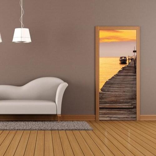 Creative DIY 3D Door Stickers Sea Sunset Pattern Home Decor for Kids Room Large Wall Sticker Home Decoration Accessories Decals