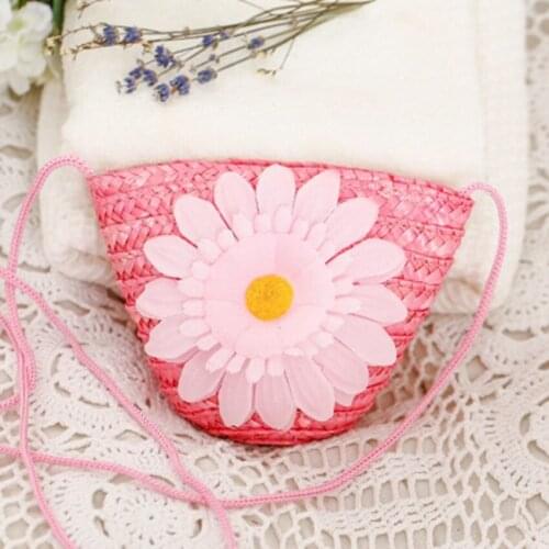 Cute flower straw bag Japanese Mini Messenger woven bag shoulder womens key purse childrens beach bag