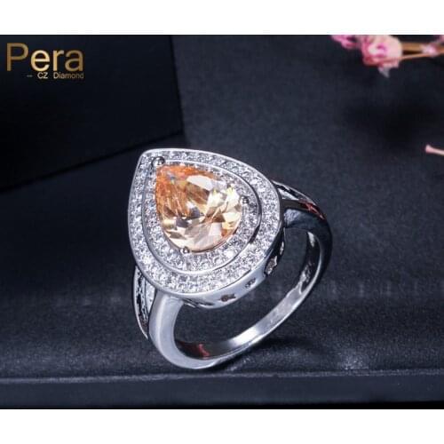 Pera Trendy Women Big Party White Gold Color Pear Cut Drop Shape Cubic Zirconia Stone Micro Pave Engagement Finger Rings R060