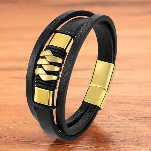 Charms Fashion Leather Bracelet For Men Black Gold Braided Rope Chain Stainless Steel Magneitc Bangles Jewelry Gifts