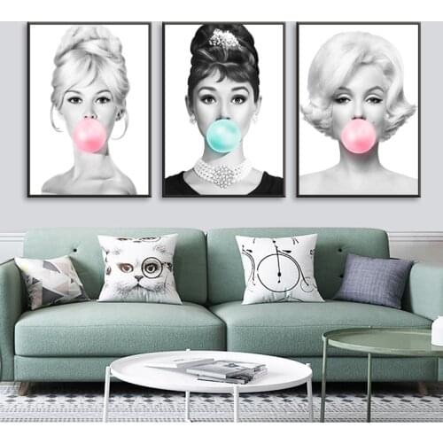 Audrey Hepburn Pink Bubble Gum Posters Nordic Wall Art Canvas Painting Monroe Print Pictures for Girl Room Decoration Mural