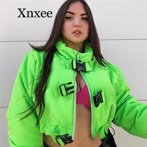Neon Green Buckle Drawstring Jackets Woman Gothic Black PU Leather Jackets Zipper Turtleneck Outwears Overcoats biker green