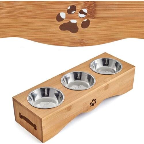 Stainless Steel Food Water Feeding Bowl for Dogs Cats Bamboo Stent Pet Triple