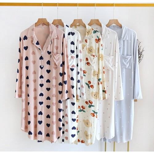 Spring/summer New Women Sleep Skirt Modal Long Sleeves Nightdress Thin Simple Ladies Shirt Skirt Comfortableh Casual Home Dress