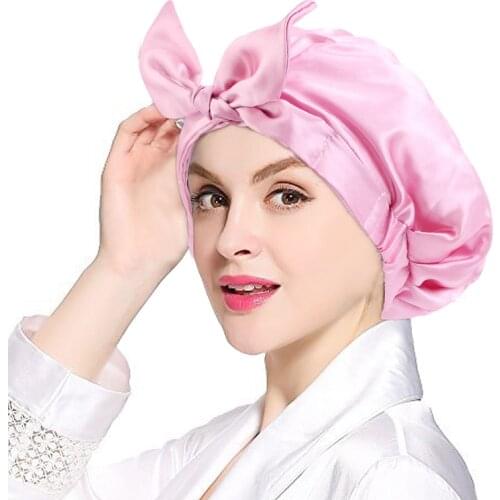 New Floral Print Satin Bonnet Shower Cap With Tie Ladies Double Layer Waterproof Fabric Cap Bath Hat Soft Headcover